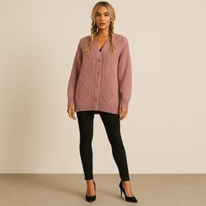 ATM Anthony Thomas Melillo Cable Knit Cardigan Sweater Pink Wool Button Med NEW